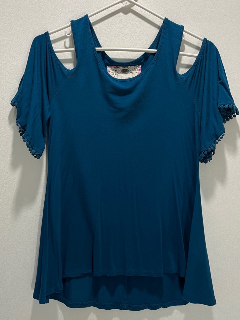 Cupio Teal Cold-Shoulder Top with Pom Sleeve Trim